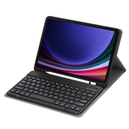Protective Leather Bluetooth Keyboard Case with Pen Holder for Samsung Galaxy Tab S9 showing tablet in stand mode with keyboard and pen