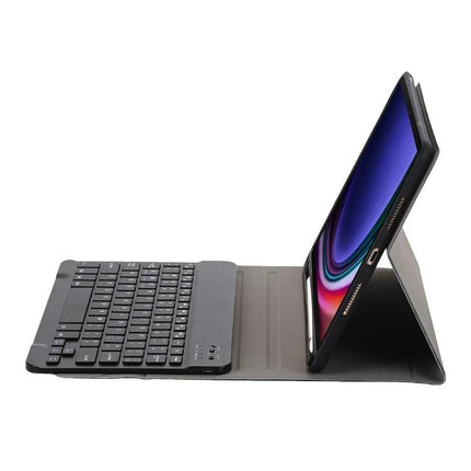 Protective Leather Bluetooth Keyboard Case with Pen Holder for Samsung Galaxy Tab S9 shown open with tablet in typing position and detachable keyboard