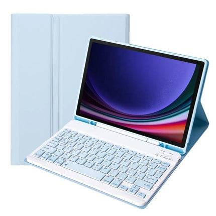 Protective Leather Bluetooth Keyboard Case with Pen Holder for Samsung Galaxy Tab S9 - light blue folio with built-in keyboard and pen slot