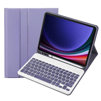 Protective Leather Bluetooth Keyboard Case with Pen Holder for Samsung Galaxy Tab S9 shown in purple with built-in keyboard and pen slot