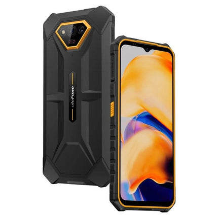 Ulefone Rugged Phone for Everyday Outdoor and Work Tasks black and orange rugged smartphone showing front display and reinforced back