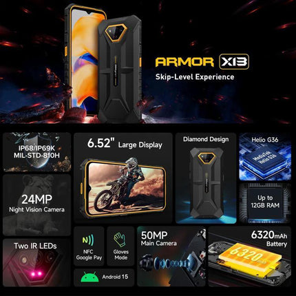 Ulefone Rugged Phone for Everyday Outdoor and Work Tasks shown with 6.52" display, 50MP camera, 6320mAh battery and rugged Armor X13 design