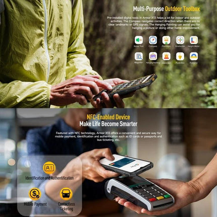 Ulefone Rugged Phone for Everyday Outdoor and Work Tasks shown used outdoors and as an NFC-enabled device for payments and site work