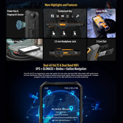 Ulefone Rugged Phone for Everyday Outdoor and Work Tasks - rugged phone features panel showing gloves mode, fingerprint sensor, 3.5mm jack, 3-card slot, and dual 4G WiFi