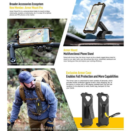 Ulefone Rugged Phone for Everyday Outdoor and Work Tasks shown mounted on bike, stand, and in rugged armor case