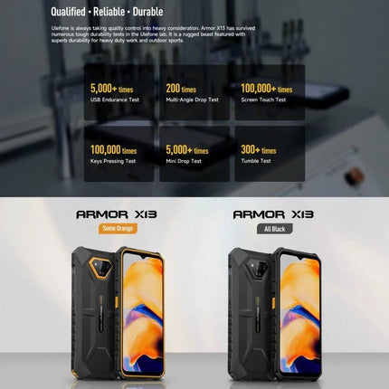 Ulefone Rugged Phone for Everyday Outdoor and Work Tasks - Armor X13 rugged design showing durability tests and orange and black models