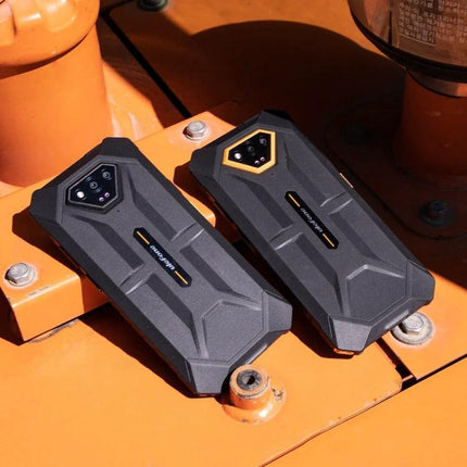 Ulefone Rugged Phone for Everyday Outdoor and Work Tasks - two black rugged phones on orange industrial equipment, water and dust resistant, durable design