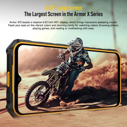 Ulefone Rugged Phone for Everyday Outdoor and Work Tasks showing large 6.52-inch screen with motocross rider image demonstrating durability and outdoor use