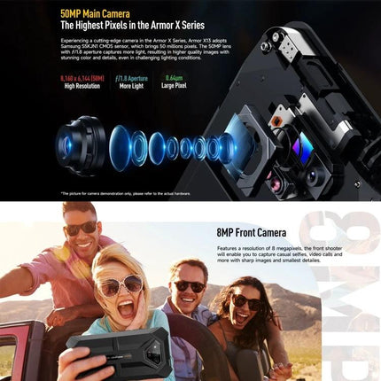 Ulefone Rugged Phone for Everyday Outdoor and Work Tasks showing 50MP main camera components and friends taking outdoor selfies with 8MP front camera