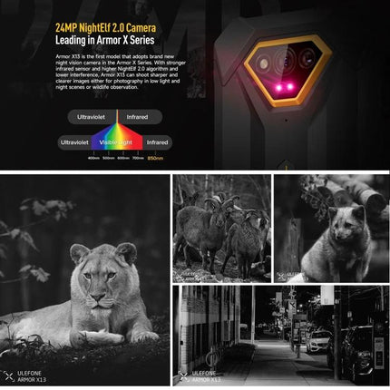 Ulefone Rugged Phone for Everyday Outdoor and Work Tasks showing NightElf 2.0 camera with animal and low-light photos