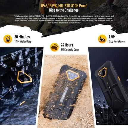 Ulefone Rugged Phone for Everyday Outdoor and Work Tasks shown with water, mud, and drop resistance icons