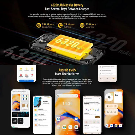 Ulefone Rugged Phone for Everyday Outdoor and Work Tasks with 6320mAh battery and Android 15 showcasing long battery life and rugged UI