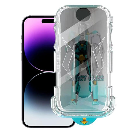 iPhone Privacy Tempered Glass Screen Protector For Daily Public Use In Cafes Or Transit showing installed privacy glass on iPhone with anti-peep 28-degree view limit