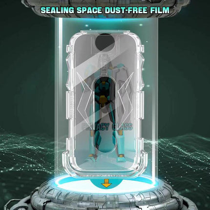 iPhone Privacy Tempered Glass Screen Protector For Daily Public Use In Cafes Or Transit showing privacy glass demo and installation jig