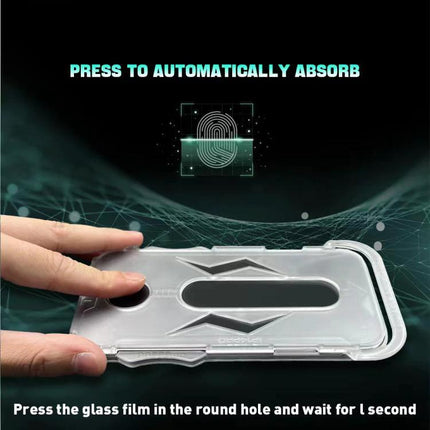 iPhone Privacy Tempered Glass Screen Protector For Daily Public Use In Cafes Or Transit showing easy press-to-absorb installation with fingerprint icon and hand