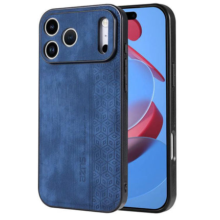 AZNS Phone Case For Everyday iPhone Protection in blue leather-textured dual-material case with raised camera bezel and grippy TPU edges