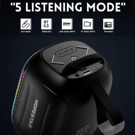 HOPESTAR Portable Bluetooth Speaker For Outdoor Picnics And Home compact black speaker showing controls ports strap and 5 listening modes