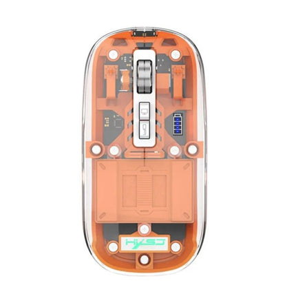 HXSJ Transparent Wireless Gaming Mouse with Multiple Connectivity Modes showing clear shell, orange internal components, scroll wheel and 2.4G/Bluetooth mode switch