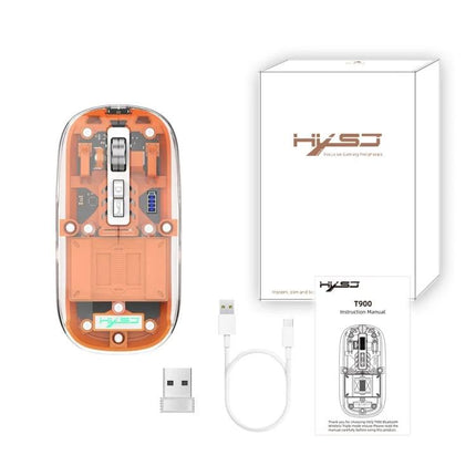 HXSJ Transparent Wireless Gaming Mouse with Multiple Connectivity Modes showing transparent orange body, USB dongle, charging cable and packaging