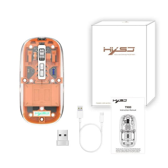 HXSJ Transparent Wireless Gaming Mouse with Multiple Connectivity Modes showing transparent orange body, USB dongle, charging cable and packaging