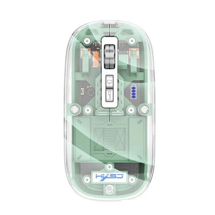 HXSJ Transparent Wireless Gaming Mouse with Multiple Connectivity Modes showing transparent top view, scroll wheel and internal components