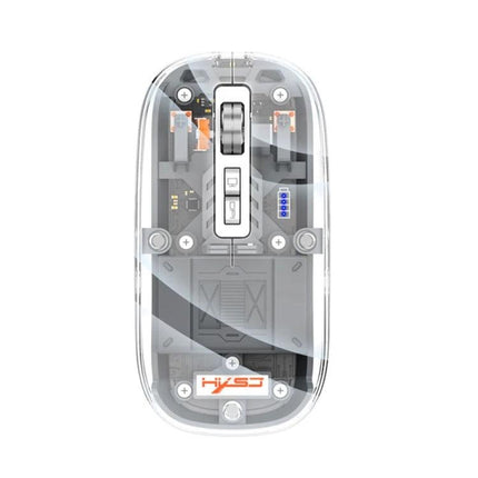 HXSJ Transparent Wireless Gaming Mouse with Multiple Connectivity Modes - top-down transparent view showing scroll wheel, switches and internal components