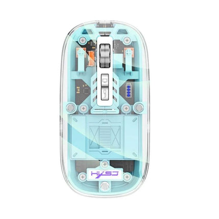 HXSJ Transparent Wireless Gaming Mouse with Multiple Connectivity Modes showing clear chassis, visible internal components, scroll wheel and mode switch