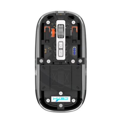 HXSJ Transparent Wireless Gaming Mouse with Multiple Connectivity Modes clear shell top-down view showing internal components and mode buttons