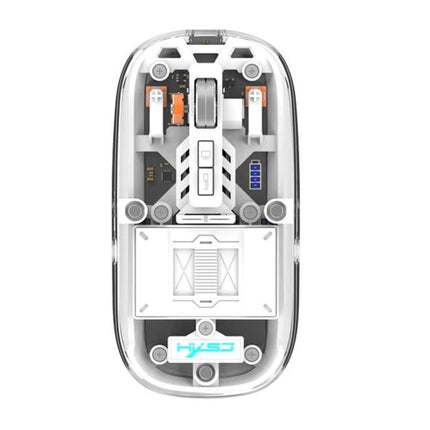 HXSJ Transparent Wireless Gaming Mouse with Multiple Connectivity Modes showing clear top shell, internal components, scroll wheel and mode switch