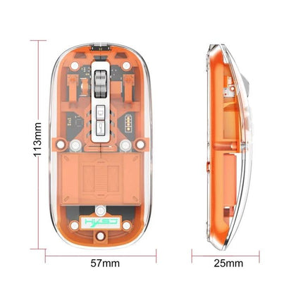 HXSJ Transparent Wireless Gaming Mouse with Multiple Connectivity Modes showing transparent orange internal components and dimensions 113×57×25mm