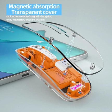 HXSJ Transparent Wireless Gaming Mouse with Multiple Connectivity Modes showing transparent magnetic cover and internal components beside a tablet