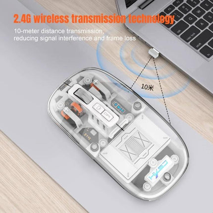 HXSJ Transparent Wireless Gaming Mouse with Multiple Connectivity Modes showing transparent internals and 2.4G USB dongle next to laptop