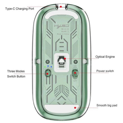 HXSJ Transparent Wireless Gaming Mouse with Multiple Connectivity Modes showing bottom view, Type-C port, optical engine and three-mode switch