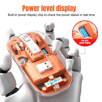 HXSJ Transparent Wireless Gaming Mouse with Multiple Connectivity Modes showing internal transparent design, USB dongle and four-grid power level display