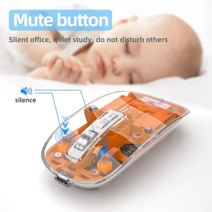 HXSJ Transparent Wireless Gaming Mouse with Multiple Connectivity Modes showing transparent shell, mute button and 2.4G/dual Bluetooth icons for quiet multitasking