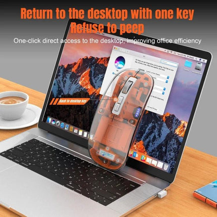 HXSJ Transparent Wireless Gaming Mouse with Multiple Connectivity Modes shown on laptop demonstrating one-click desktop switching and transparent shell