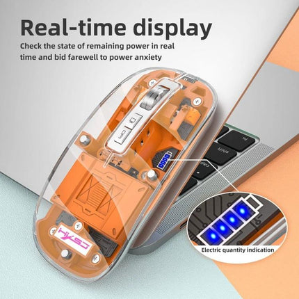 HXSJ Transparent Wireless Gaming Mouse with Multiple Connectivity Modes showing transparent orange internal design, real-time battery display and 2.4G/dual Bluetooth icons
