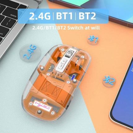 HXSJ Transparent Wireless Gaming Mouse with Multiple Connectivity Modes - transparent design showing 2.4G and BT1/BT2 switch for multitasking