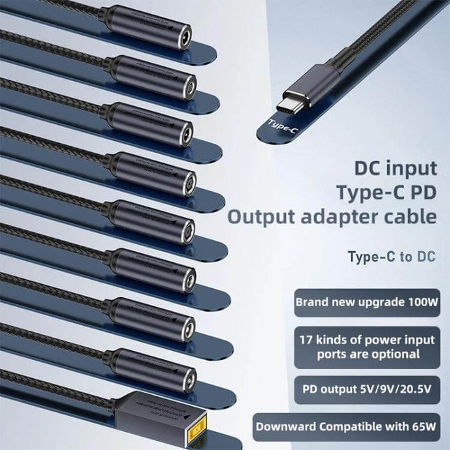 100W DC to USB-C Power Adapter for Computer and Laptop Charging - Type-C PD cable with multiple DC input tips for car and portable power charging
