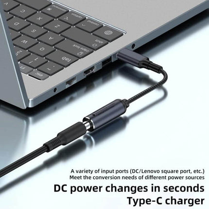 100W DC to USB-C Power Adapter for Computer and Laptop Charging plugged into laptop showing braided cable and DC conversion adapter