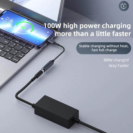 100W DC to USB-C Power Adapter for Computer and Laptop Charging connected to laptop and smartphone showing fast charging from DC source