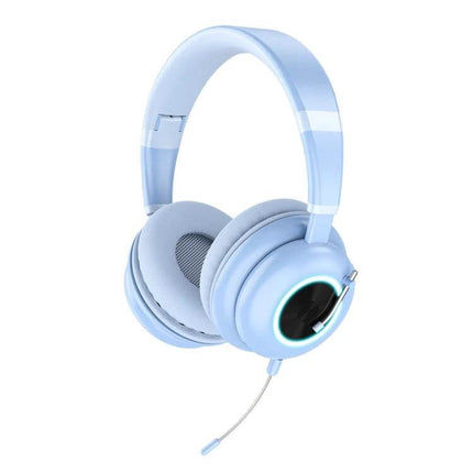 Foldable Wireless Headset For Gaming And Calls With Mic in pastel blue, foldable lightweight design and built-in mic