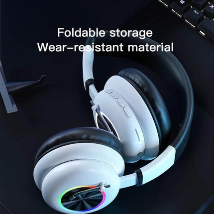 Foldable Wireless Headset For Gaming And Calls With Mic shown folded portable on-ear headset with mic and RGB accents