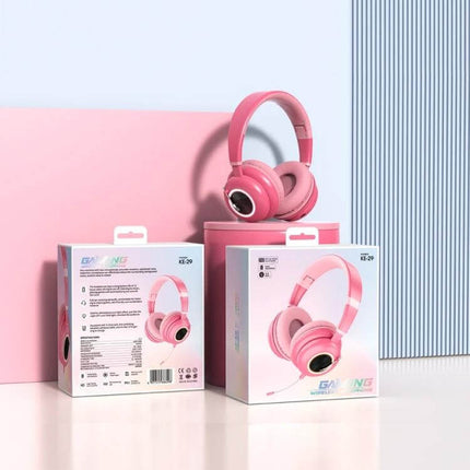 Foldable Wireless Headset For Gaming And Calls With Mic pink foldable wireless gaming headset with mic and packaging