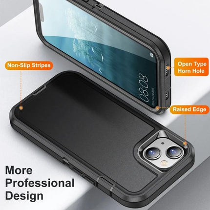 Life Rugged Phone Case for Everyday Outdoor Use – rugged 3-layer iPhone 15 case with raised camera edge, non-slip stripes, and open horn hole for outdoor protection