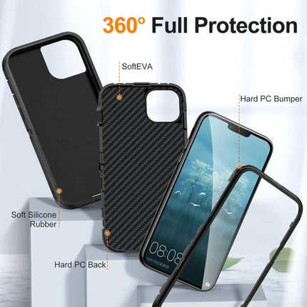 Life Rugged Phone Case for Everyday Outdoor Use showing 3-layer PC exterior, rubber core, hard PC bumper and soft EVA for iPhone 15 protection