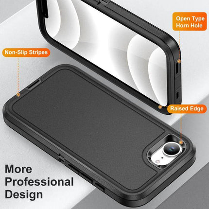 Rugged iPhone Case For Daily Use And Travel - black three-layer protective case with raised edges, non-slip stripes and open horn hole for iPhone
