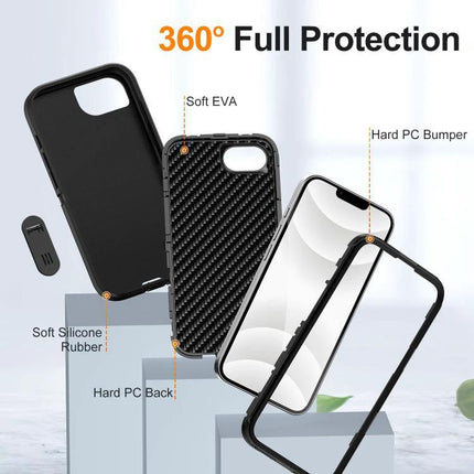 Rugged iPhone Case For Daily Use And Travel showing three-layer PC and rubber construction with 360° protection and raised edges