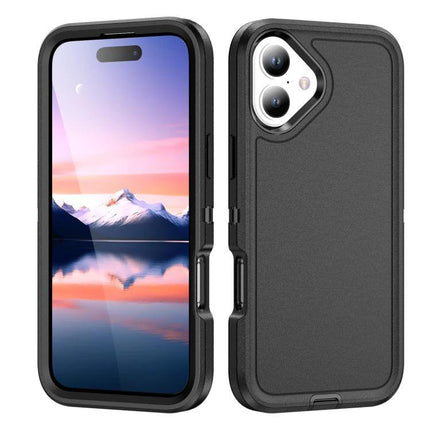 Rugged iPhone Case For Daily Use And Travel showing black three-layer protective cover with raised edges and precise cutouts