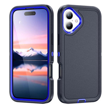 Rugged iPhone Case For Daily Use And Travel showing front and back with blue trim, drop-resistant three-layer PC and rubber protection